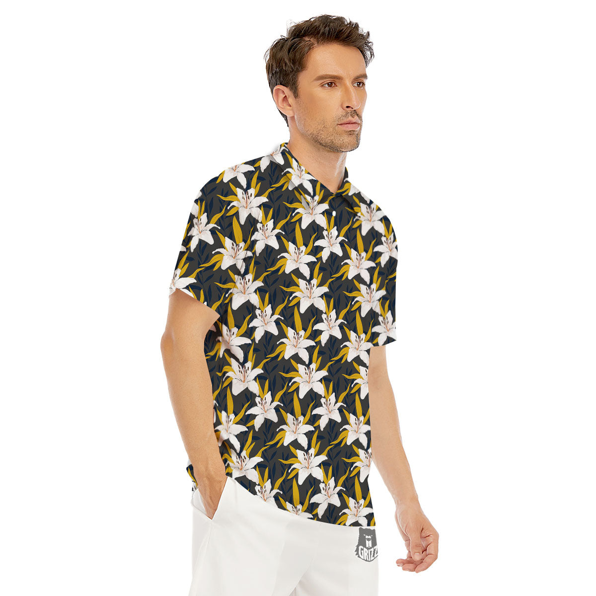 Floral Lily Print Pattern Men's Golf Shirts-grizzshop