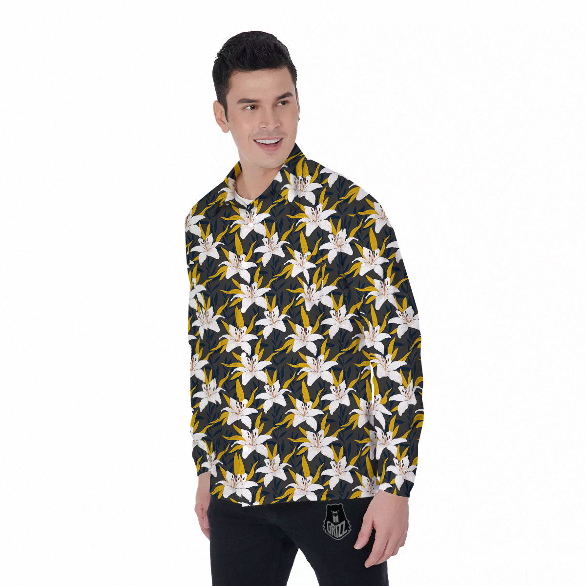 Floral Lily Print Pattern Men's Long Sleeve Shirts-grizzshop