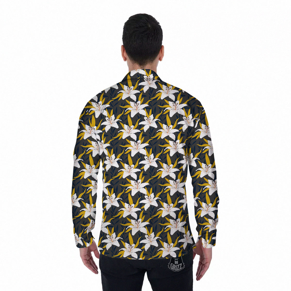 Floral Lily Print Pattern Men's Long Sleeve Shirts-grizzshop