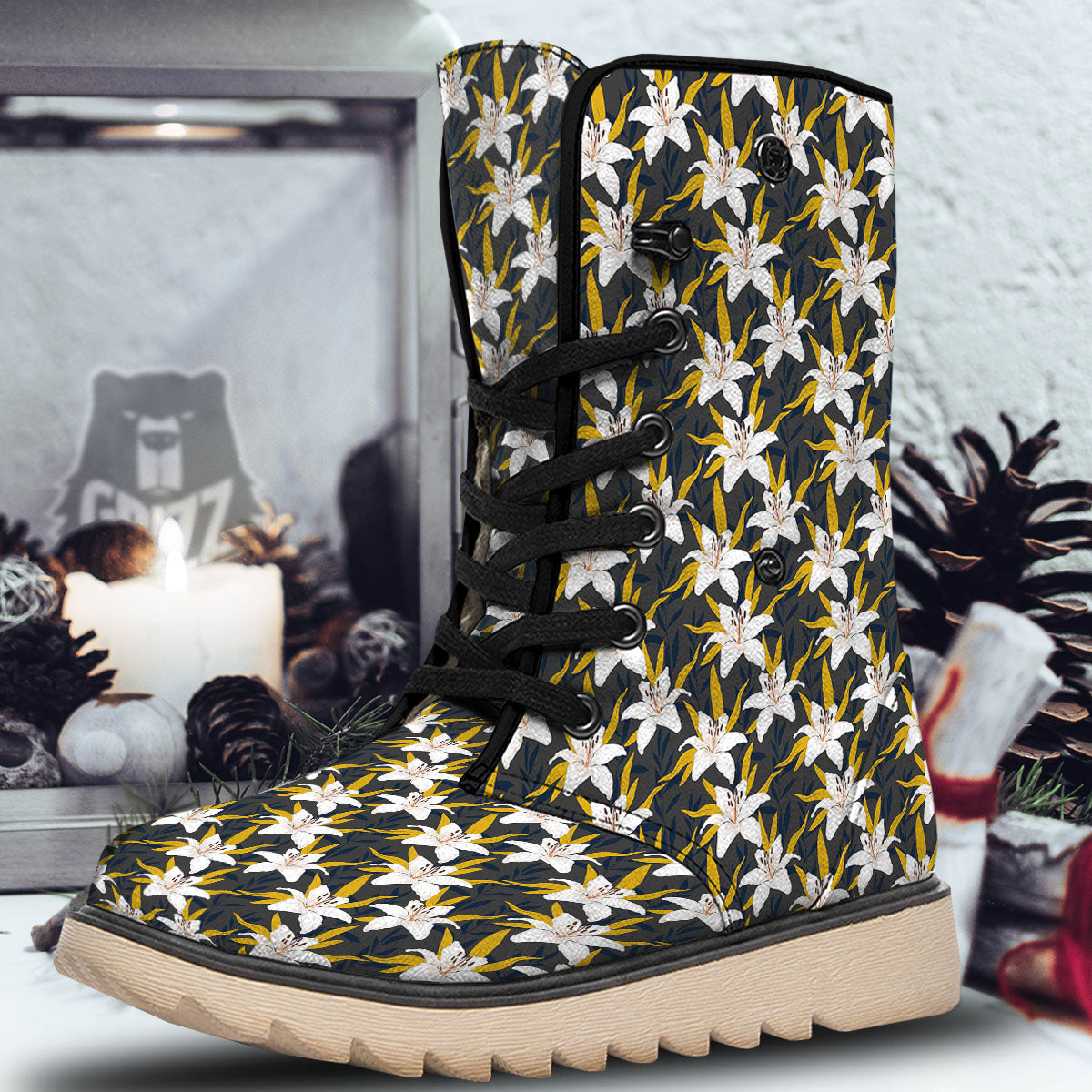 Floral Lily Print Pattern Snow Boots-grizzshop