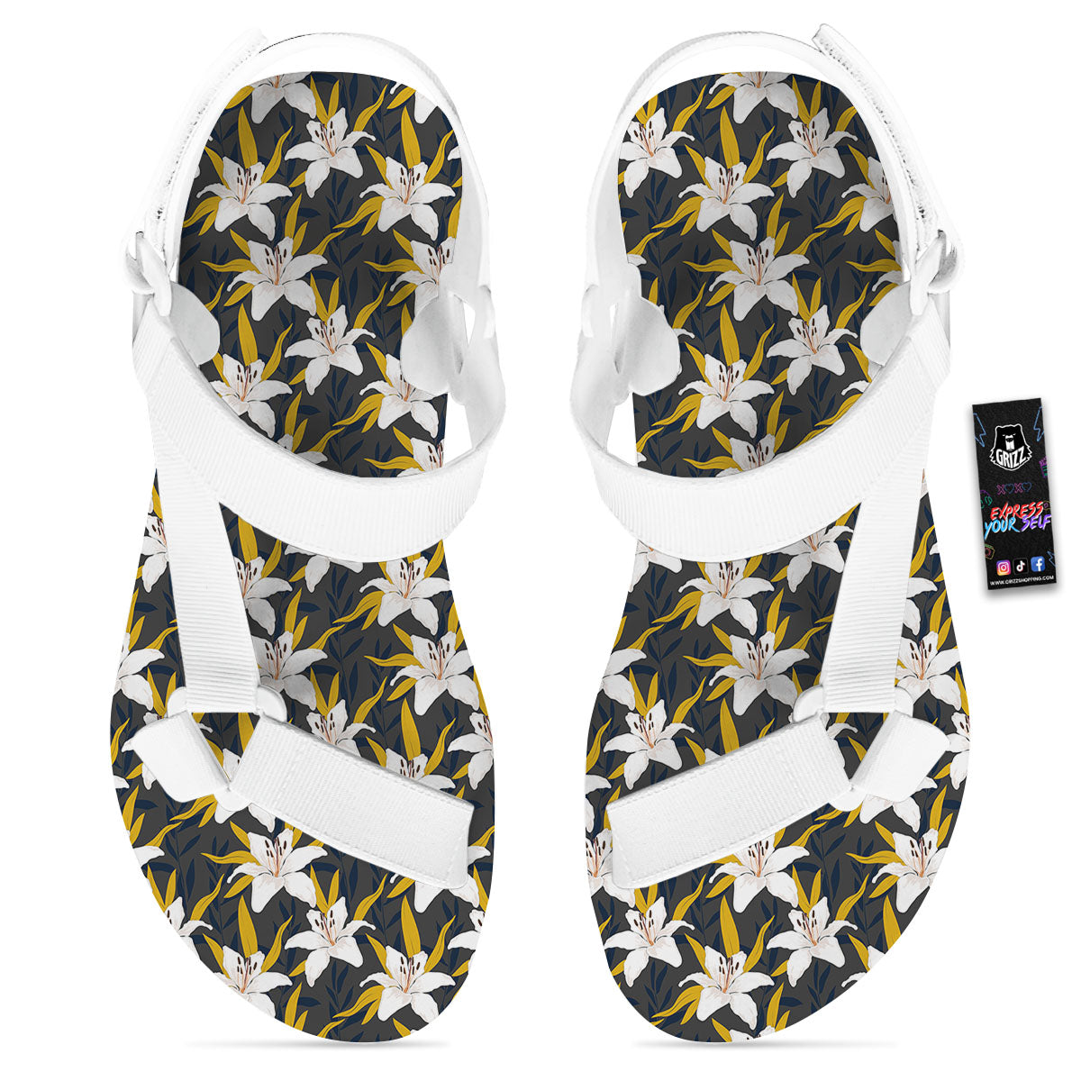 Floral Lily Print Pattern White Open Toe Sandals-grizzshop