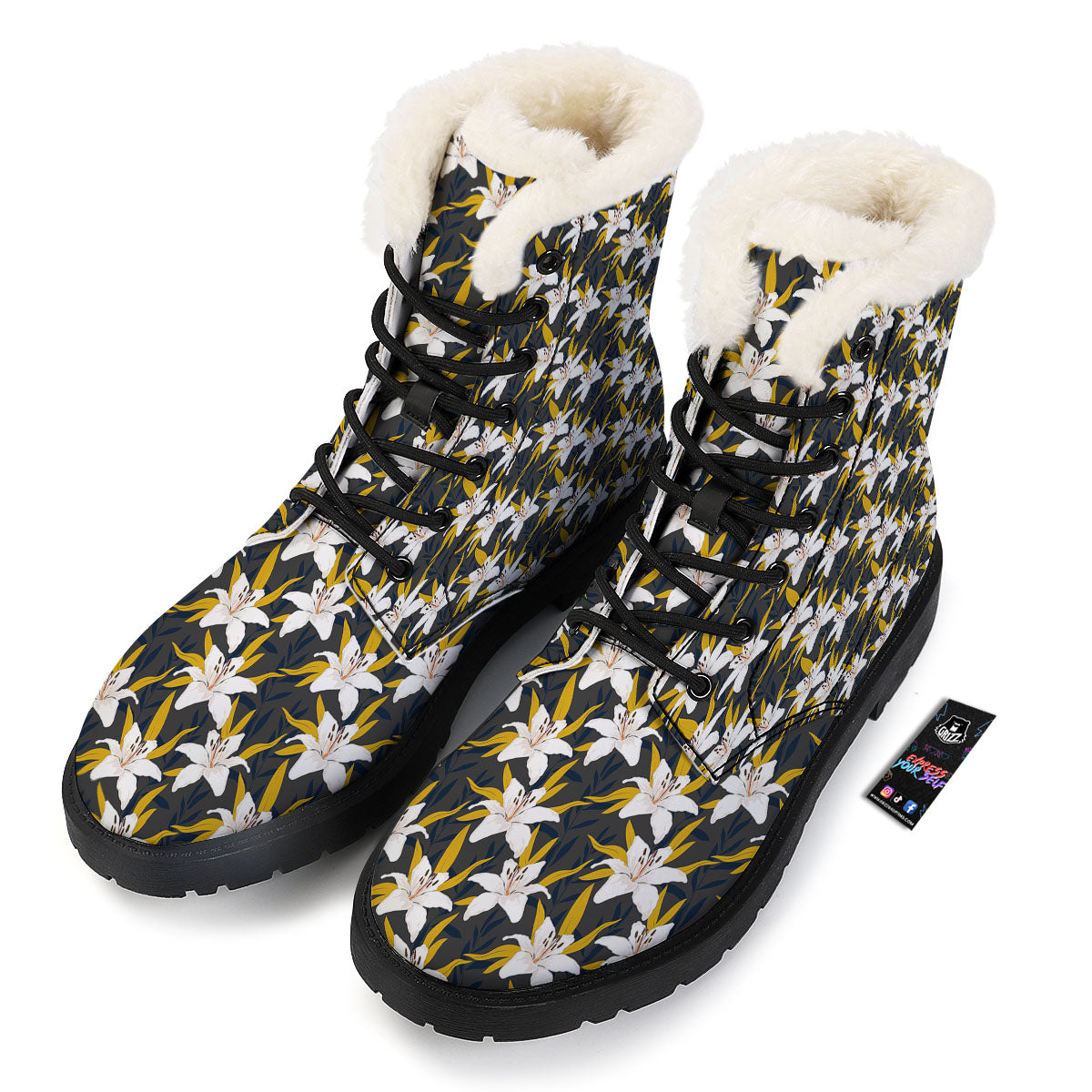 Floral Lily Print Pattern Winter Boots-grizzshop