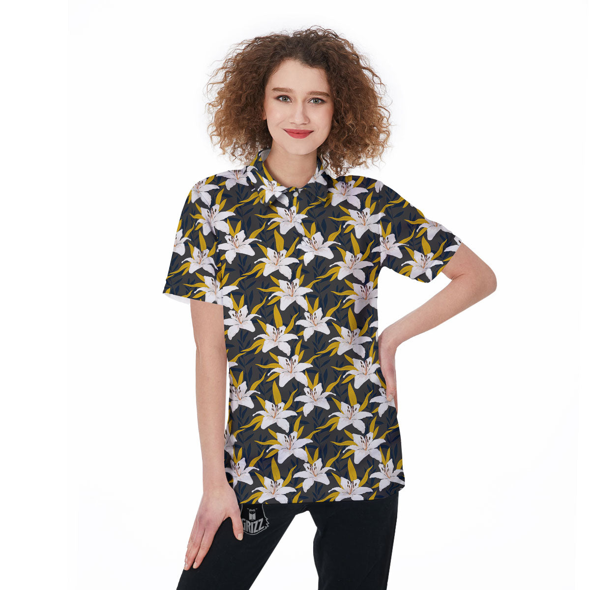 Floral Lily Print Pattern Women's Golf Shirts-grizzshop