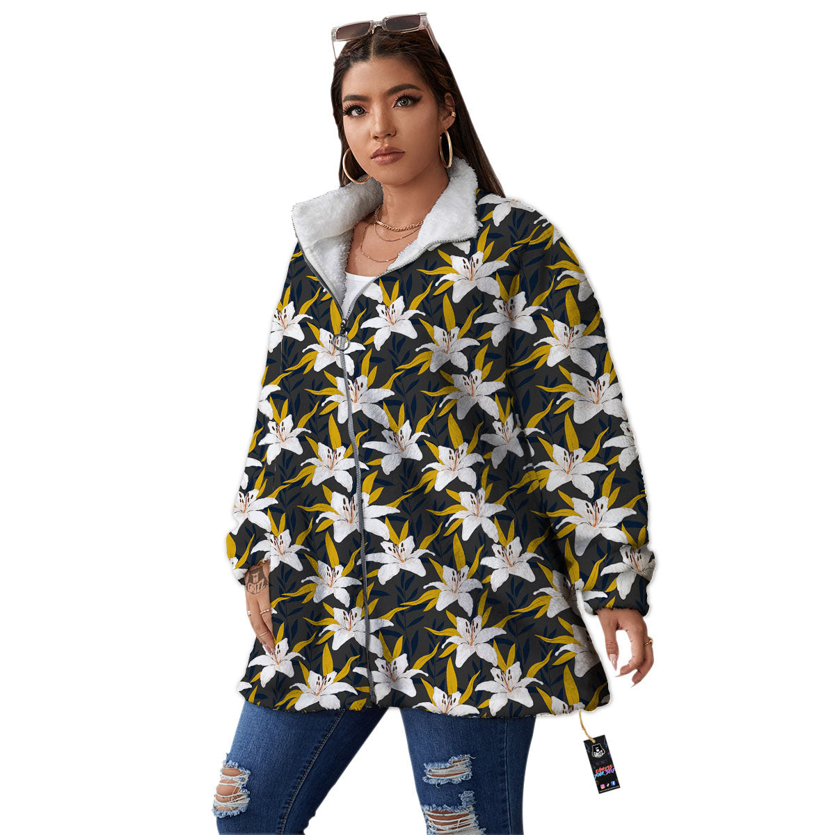 Floral Lily Print Pattern Women's Sherpa Jacket-grizzshop