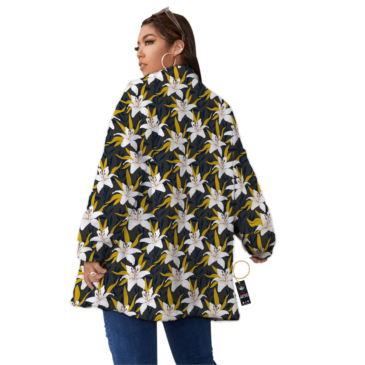 Floral Lily Print Pattern Women's Sherpa Jacket-grizzshop