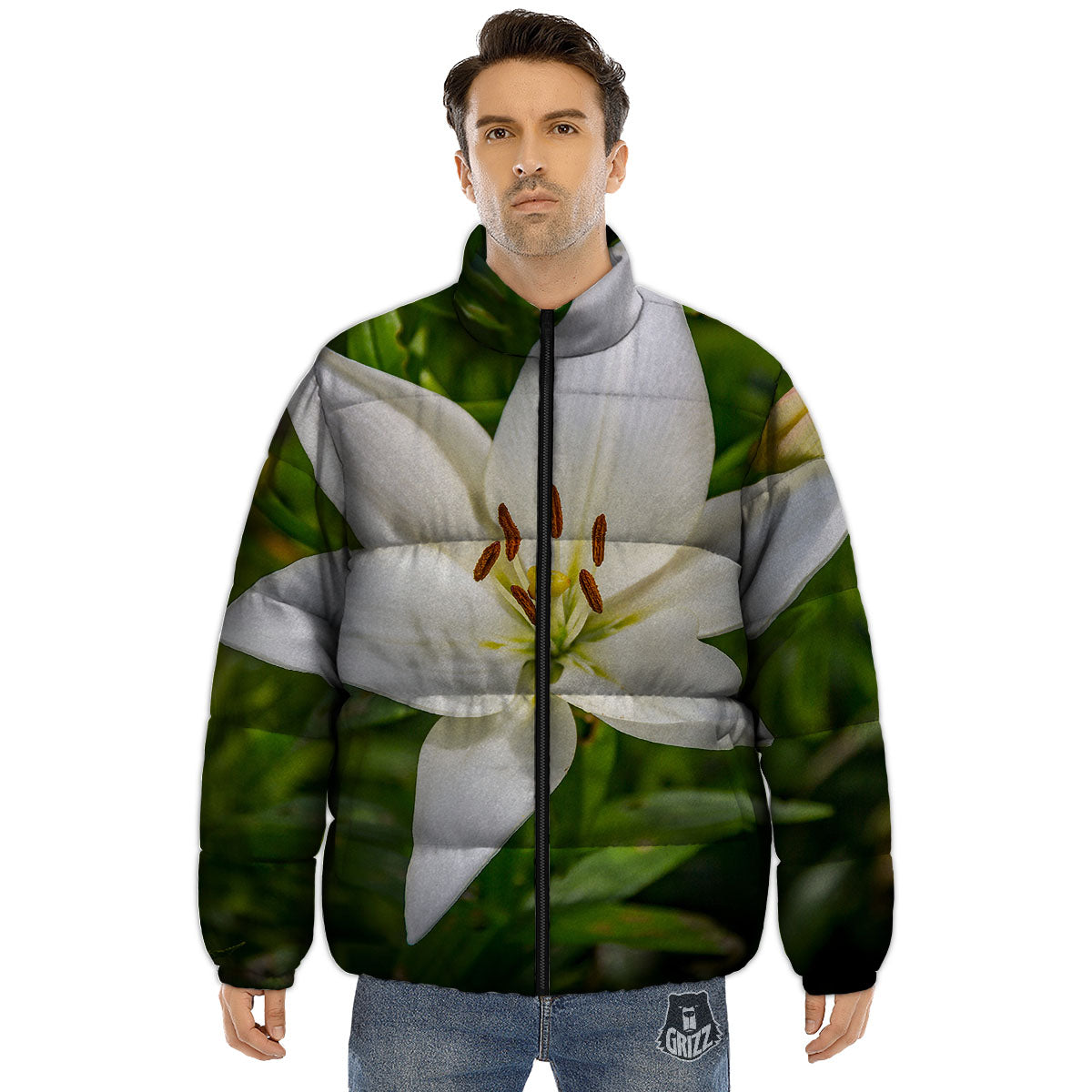 Floral Lily Print Puffer Jacket-grizzshop