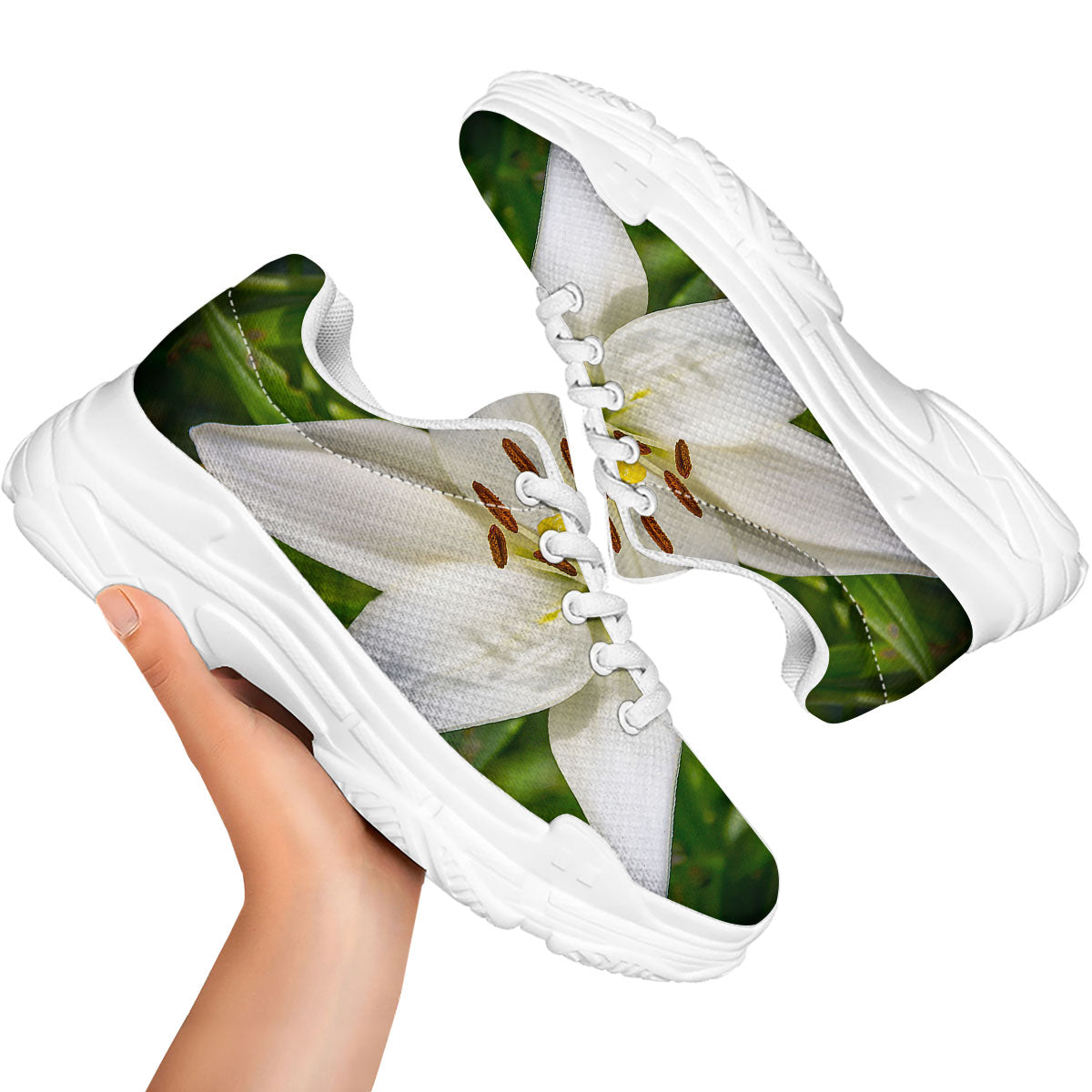 Floral Lily Print White Chunky Shoes-grizzshop
