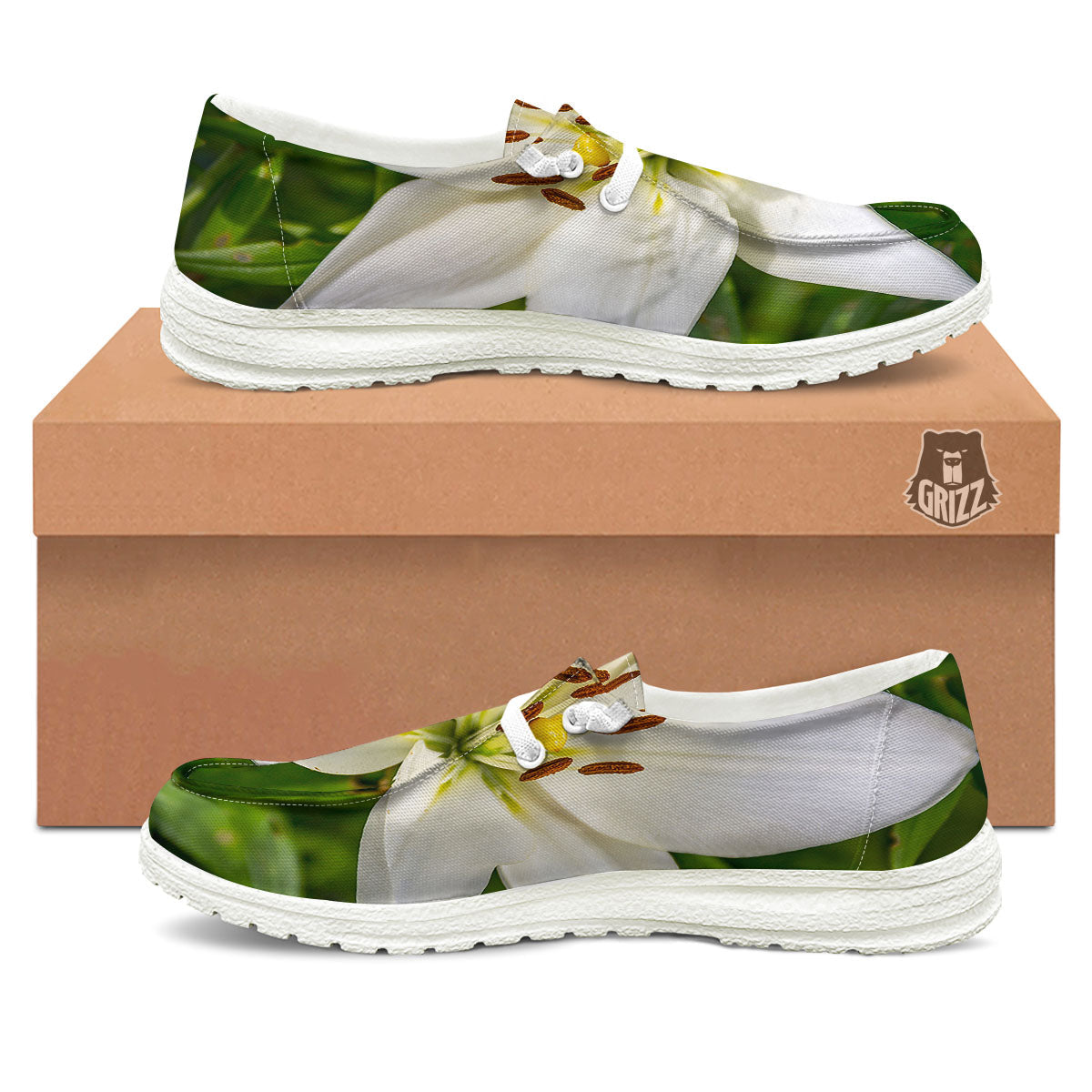 Floral Lily Print White Loafers-grizzshop