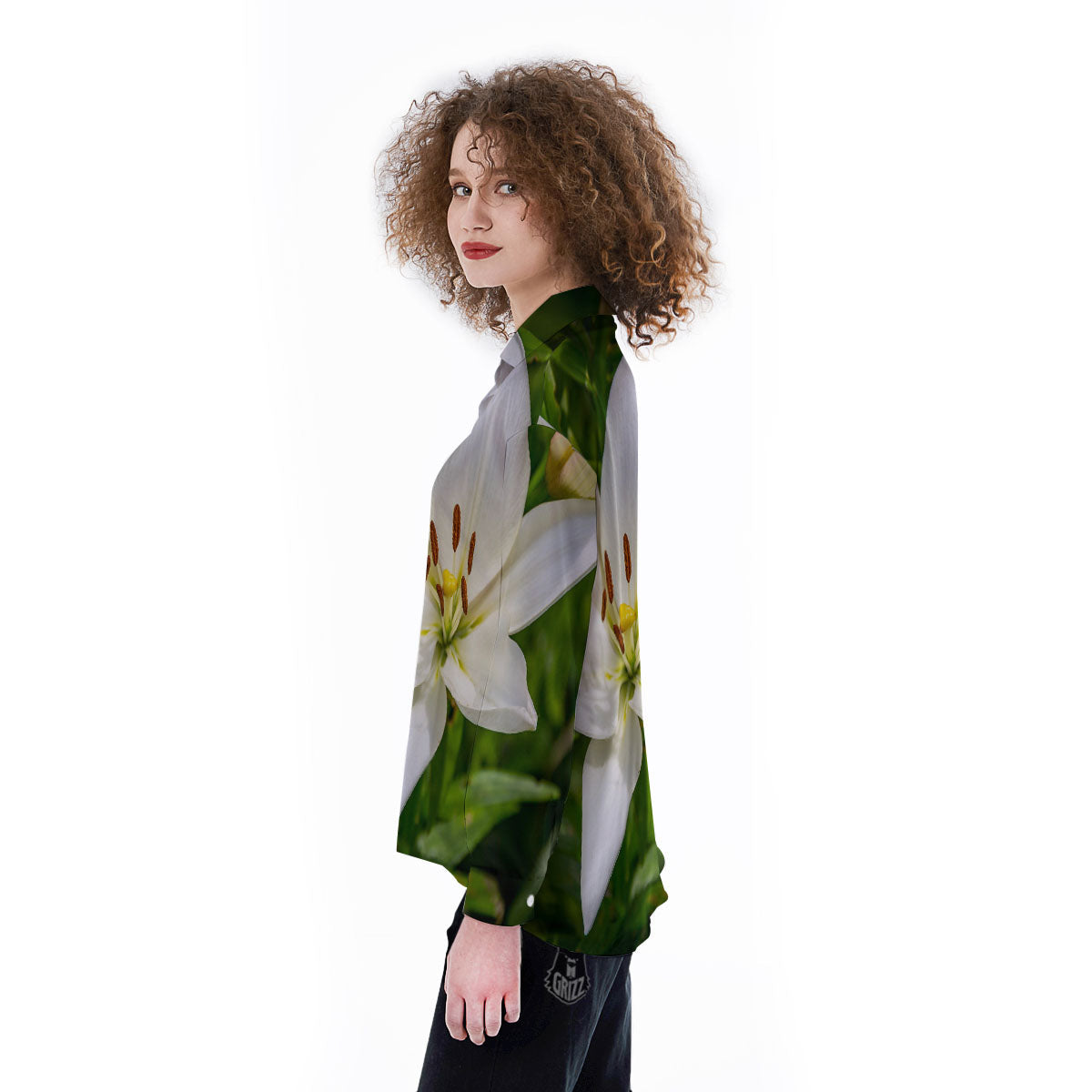 Floral Lily Print Women's Long Sleeve Shirts-grizzshop