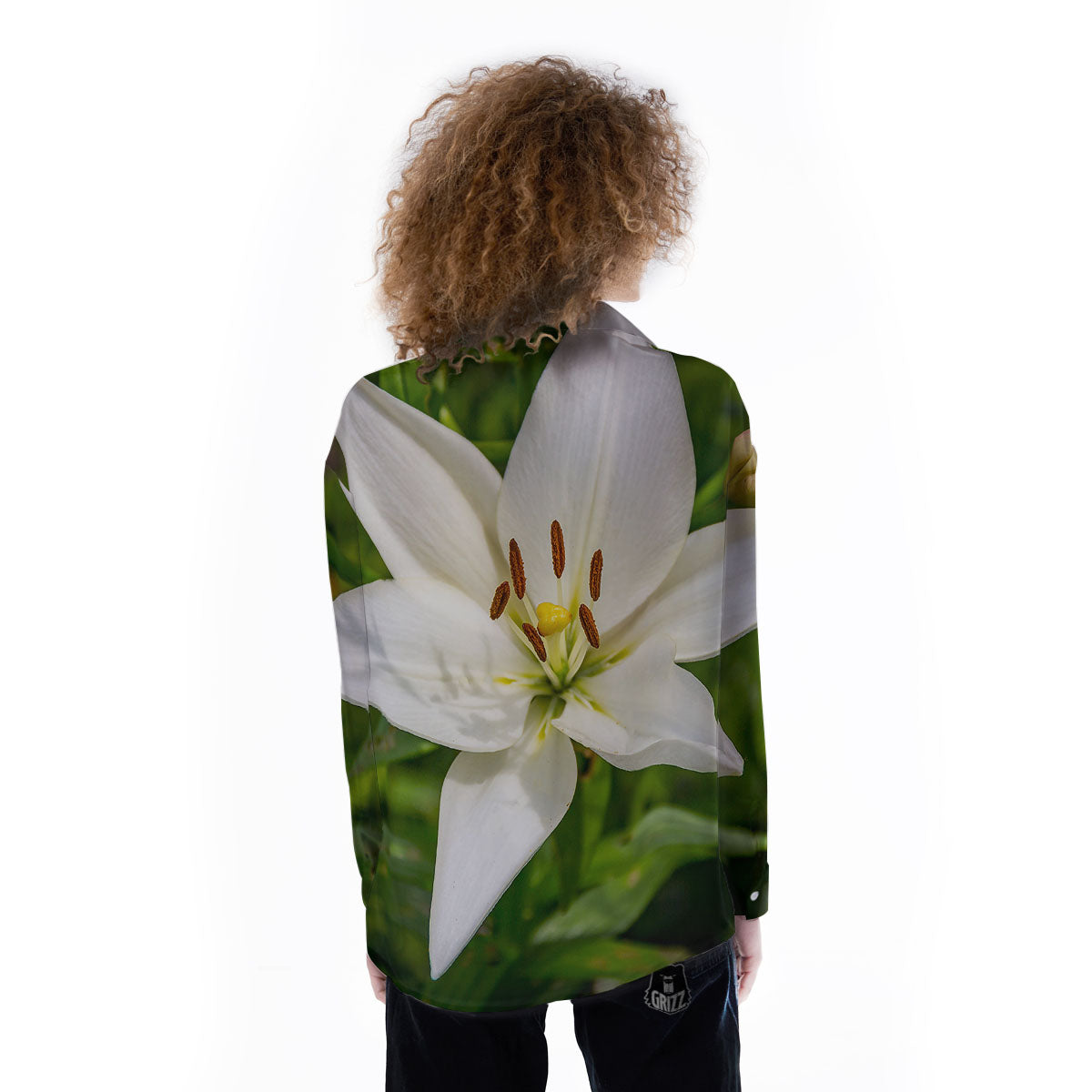 Floral Lily Print Women's Long Sleeve Shirts-grizzshop