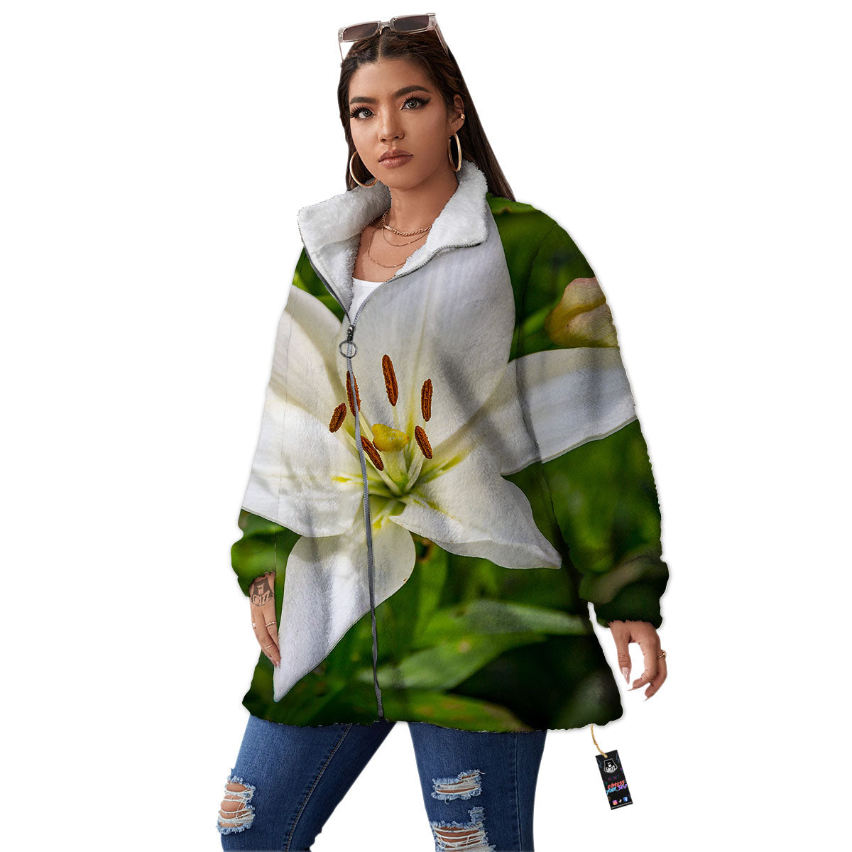 Floral Lily Print Women's Sherpa Jacket-grizzshop