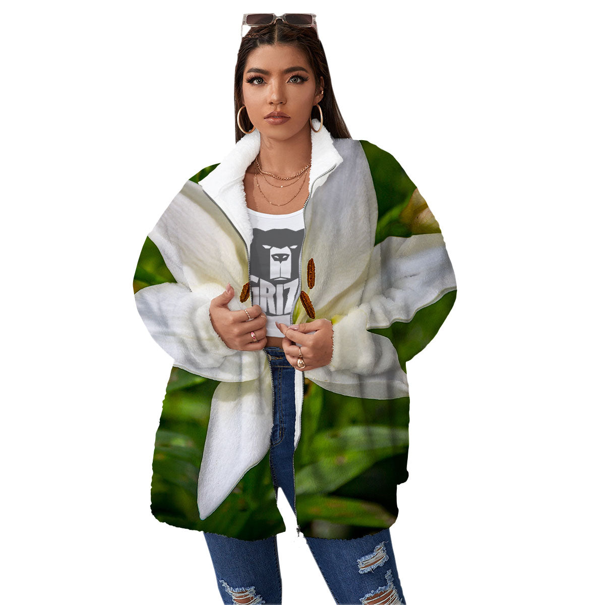 Floral Lily Print Women's Sherpa Jacket-grizzshop