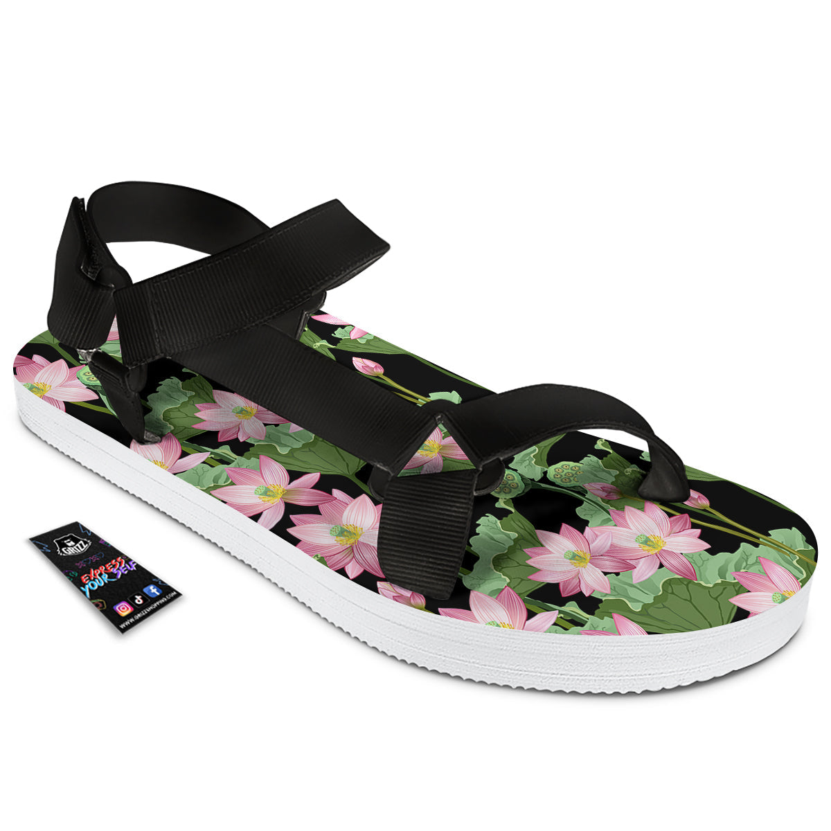 Floral Lotus Vintage Print Pattern Black Open Toe Sandals-grizzshop