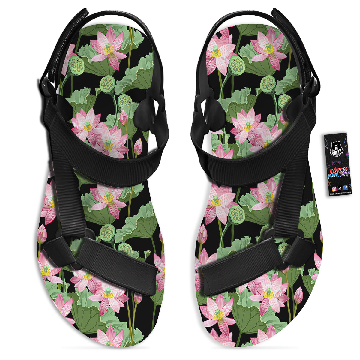 Floral Lotus Vintage Print Pattern Black Open Toe Sandals-grizzshop