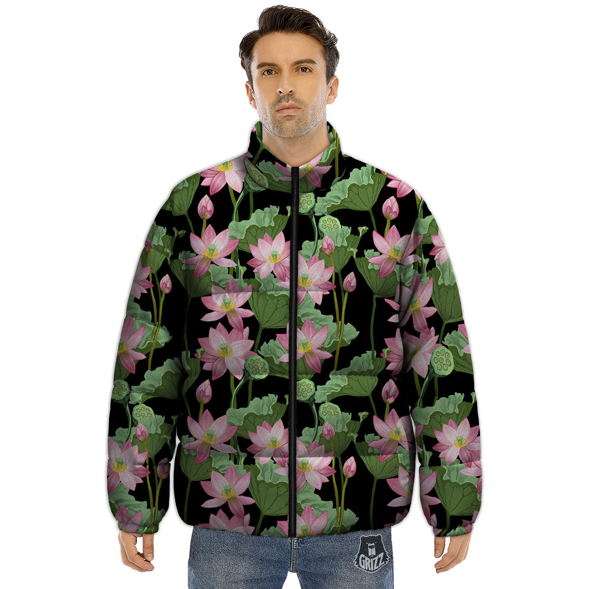 Floral Lotus Vintage Print Pattern Puffer Jacket-grizzshop