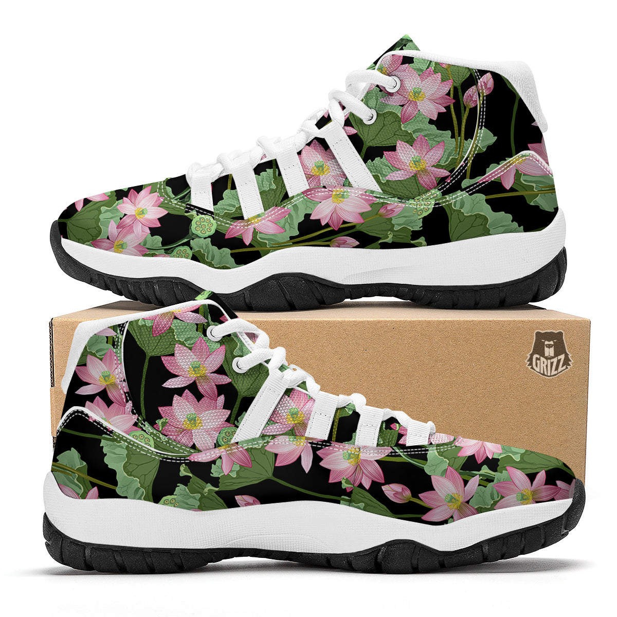 Floral Lotus Vintage Print Pattern White Bball Shoes-grizzshop