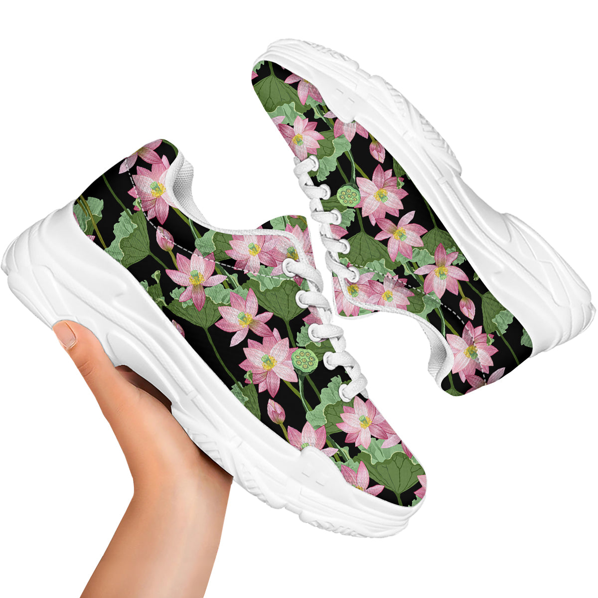 Floral Lotus Vintage Print Pattern White Chunky Shoes-grizzshop