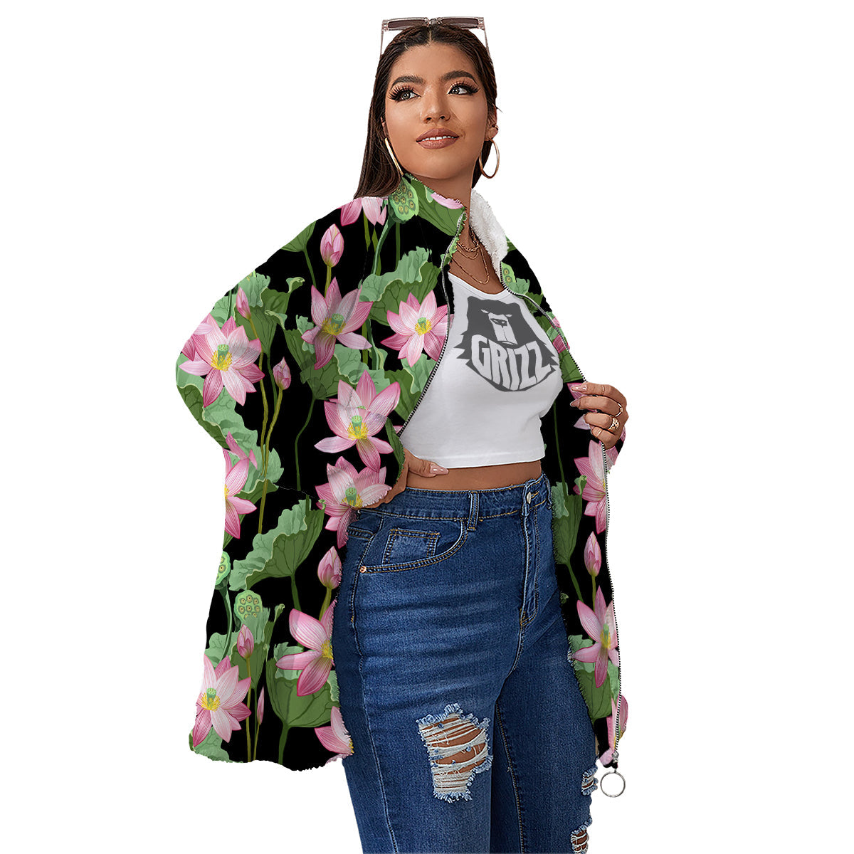 Floral Lotus Vintage Print Pattern Women's Sherpa Jacket-grizzshop