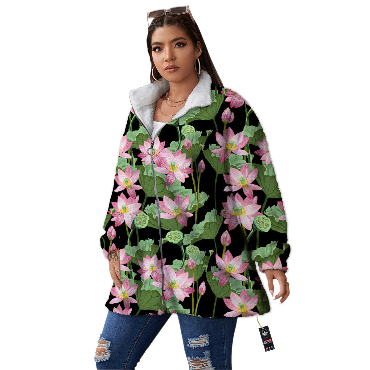 Floral Lotus Vintage Print Pattern Women's Sherpa Jacket-grizzshop