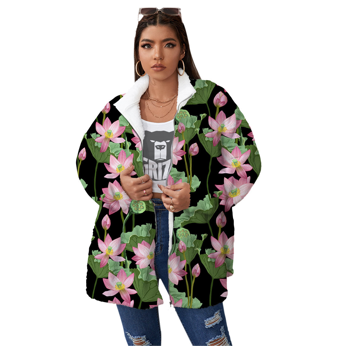 Floral Lotus Vintage Print Pattern Women's Sherpa Jacket-grizzshop