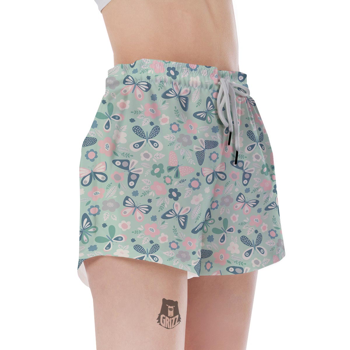 Floral Mint Butterfly Print Women's Shorts-grizzshop