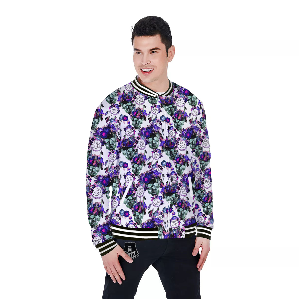 Floral Neon Skull Print Pattern Baseball Jacket-grizzshop