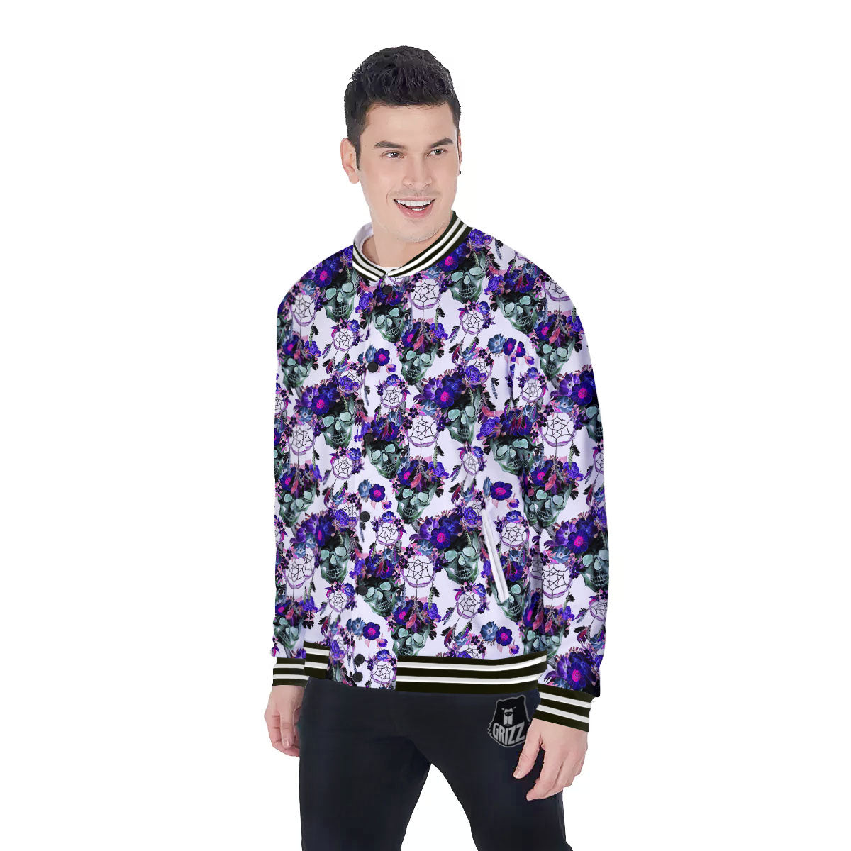 Floral Neon Skull Print Pattern Baseball Jacket-grizzshop
