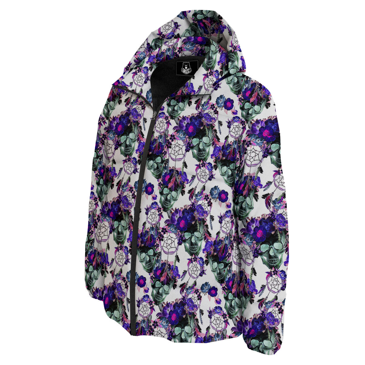 Floral Neon Skull Print Pattern Down Jacket-grizzshop