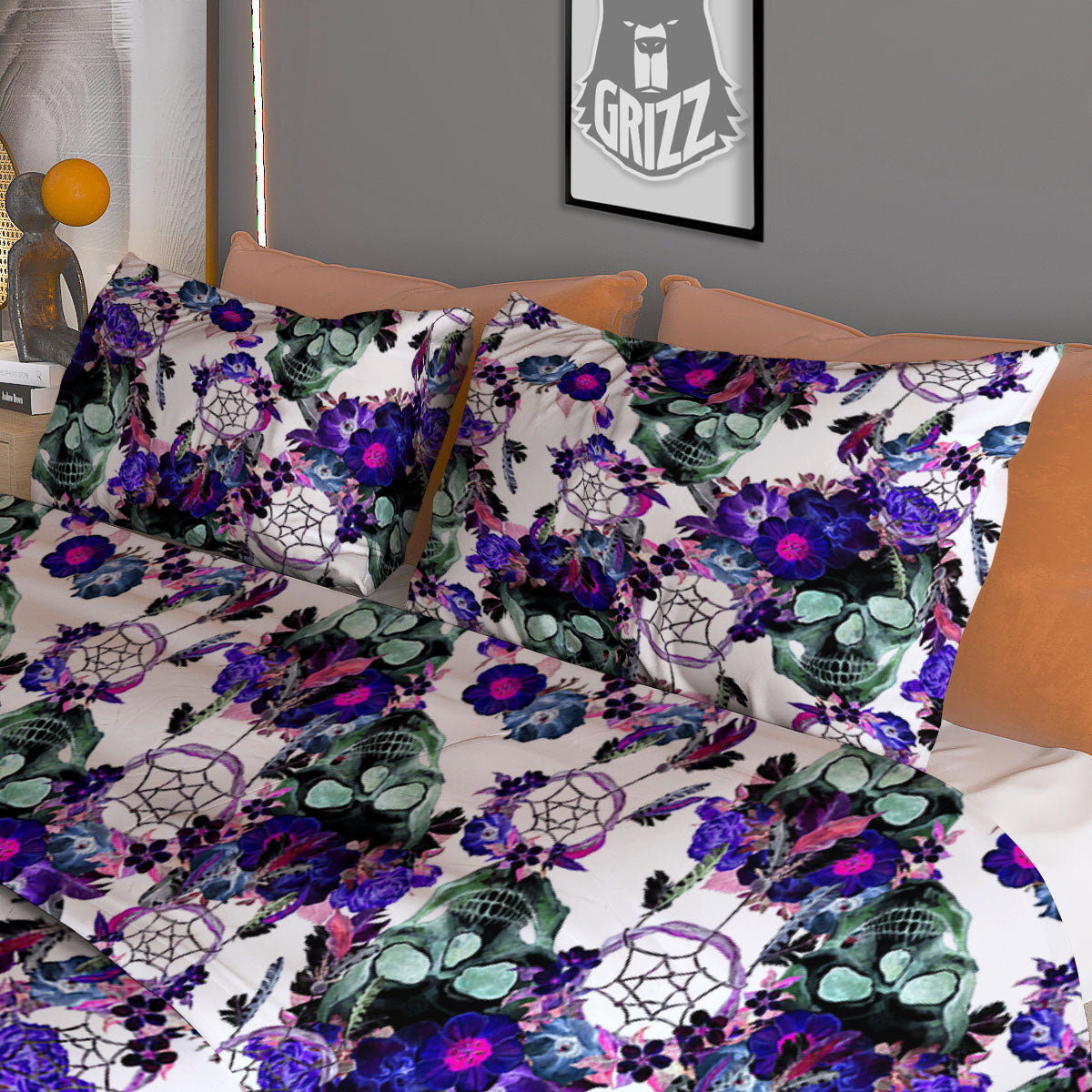 Floral Neon Skull Print Pattern Duvet Cover Bedding Set