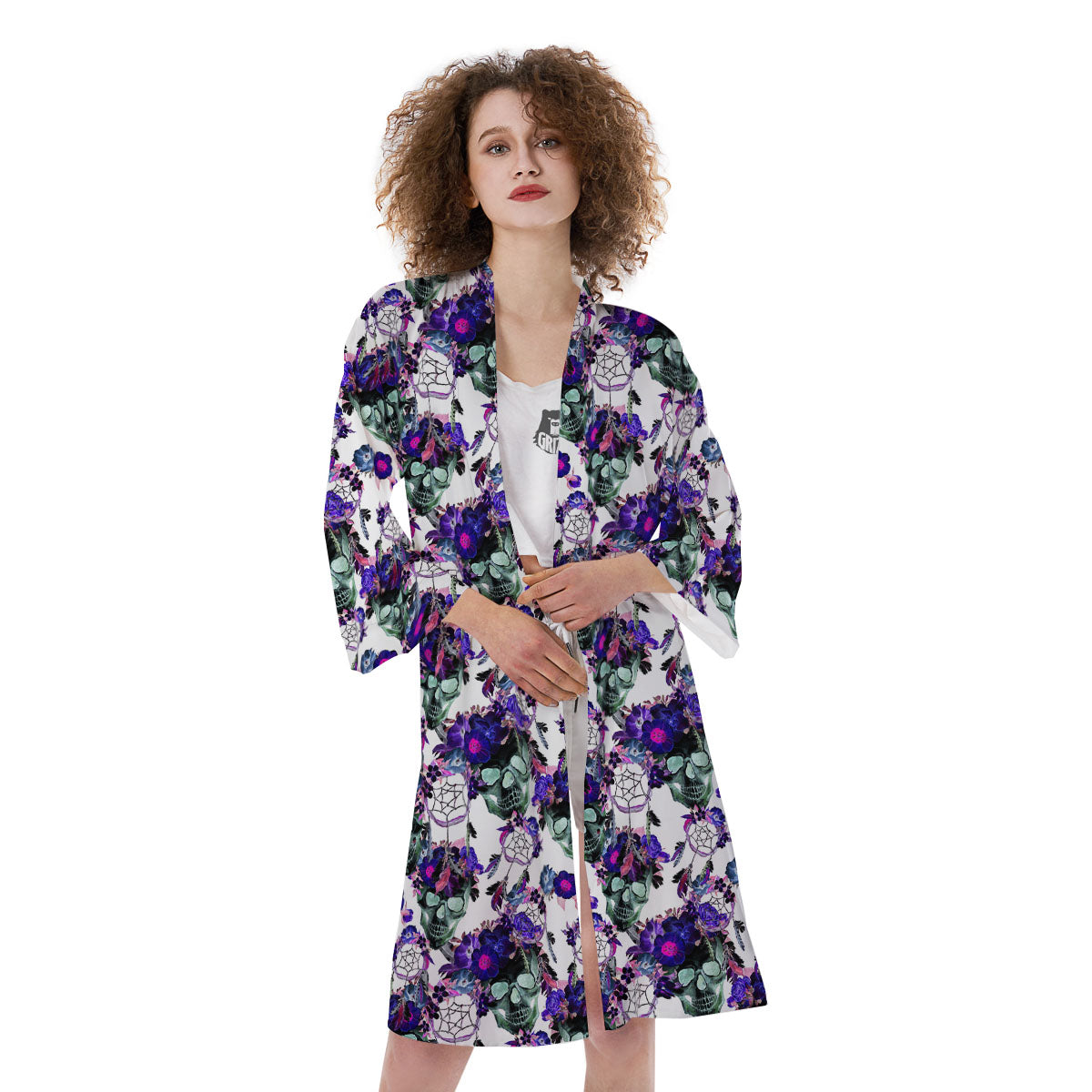 Floral Neon Skull Print Pattern Kimono-grizzshop