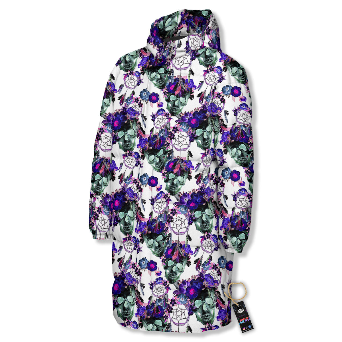 Floral Neon Skull Print Pattern Long Down Jacket-grizzshop