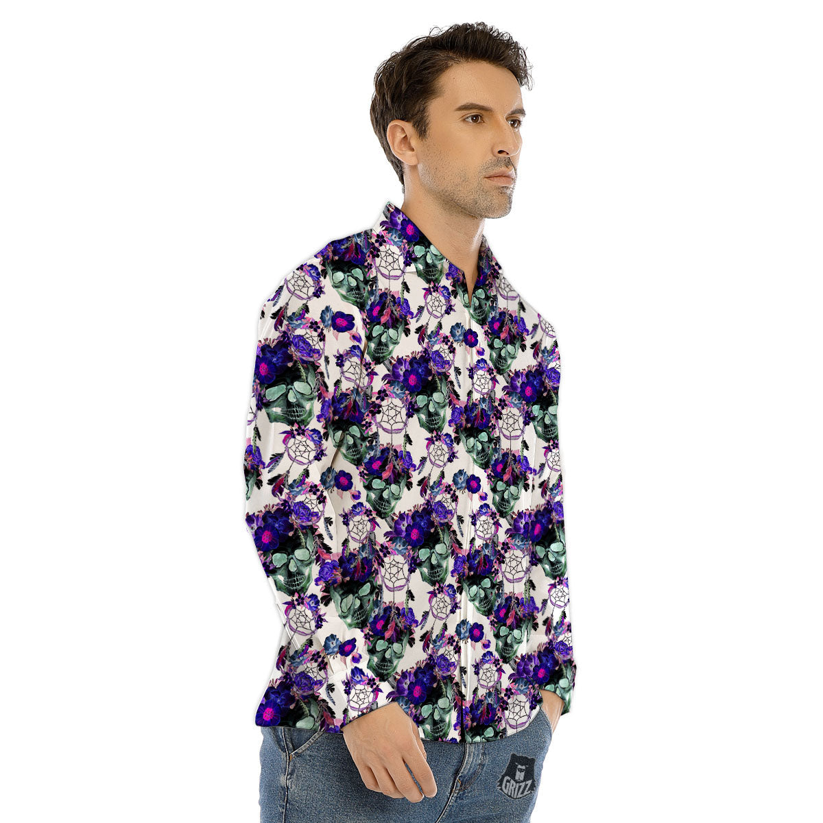 Floral Neon Skull Print Pattern Men's Dress Shirts-grizzshop