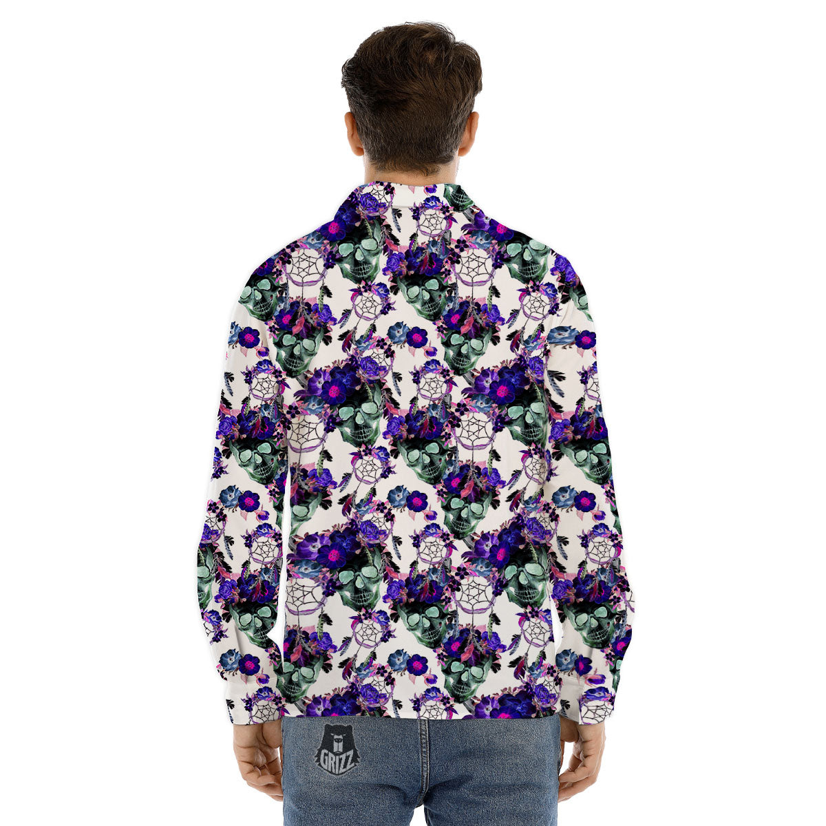 Floral Neon Skull Print Pattern Men's Dress Shirts-grizzshop