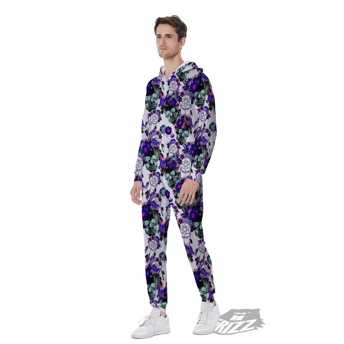 Floral Neon Skull Print Pattern Men's Jumpsuit-grizzshop