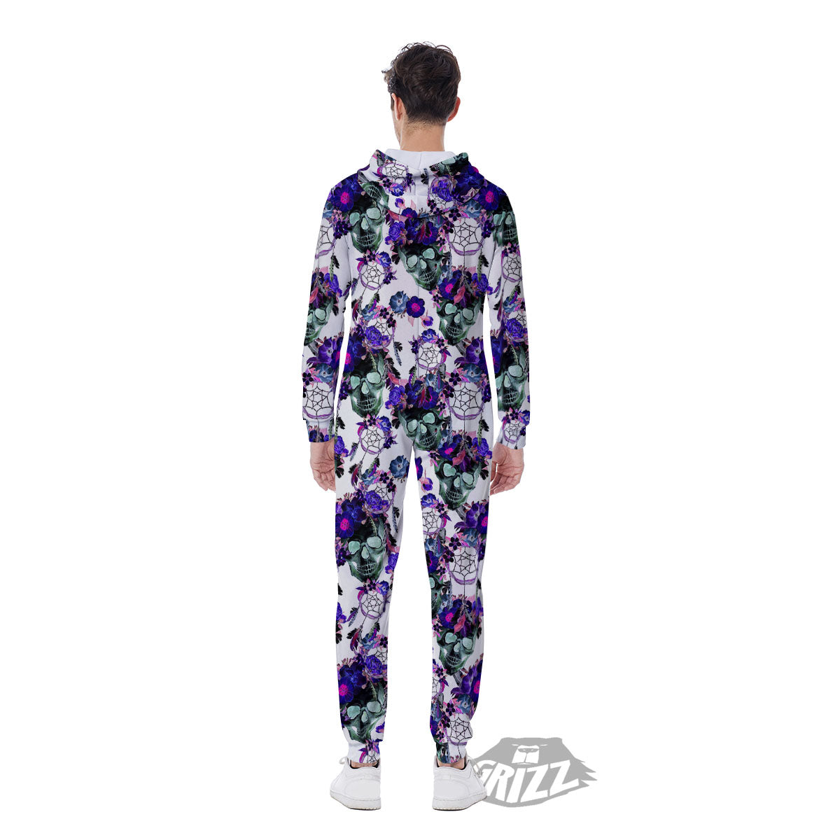 Floral Neon Skull Print Pattern Men's Jumpsuit-grizzshop