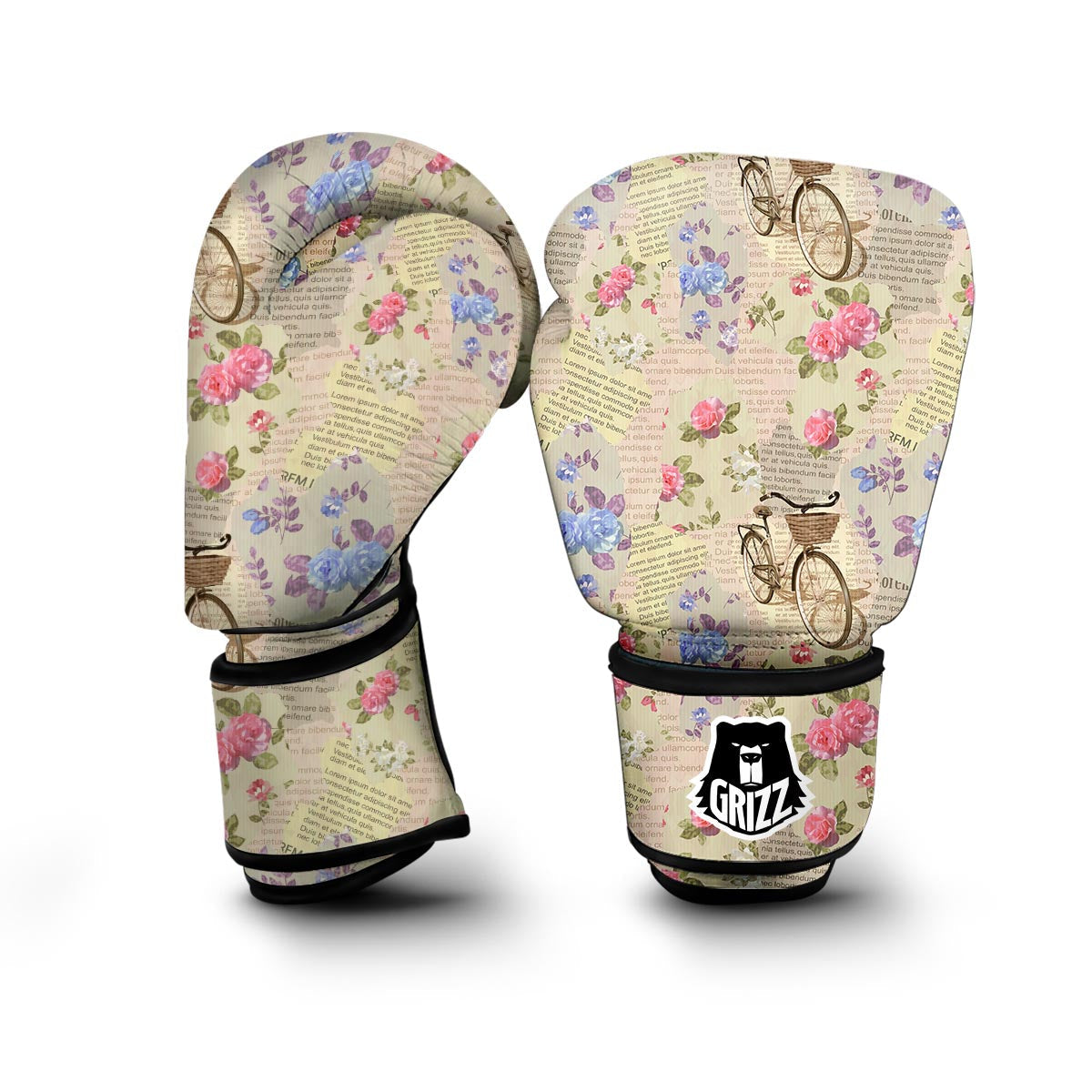 Floral Newspaper Pattern Print Boxing Gloves-grizzshop