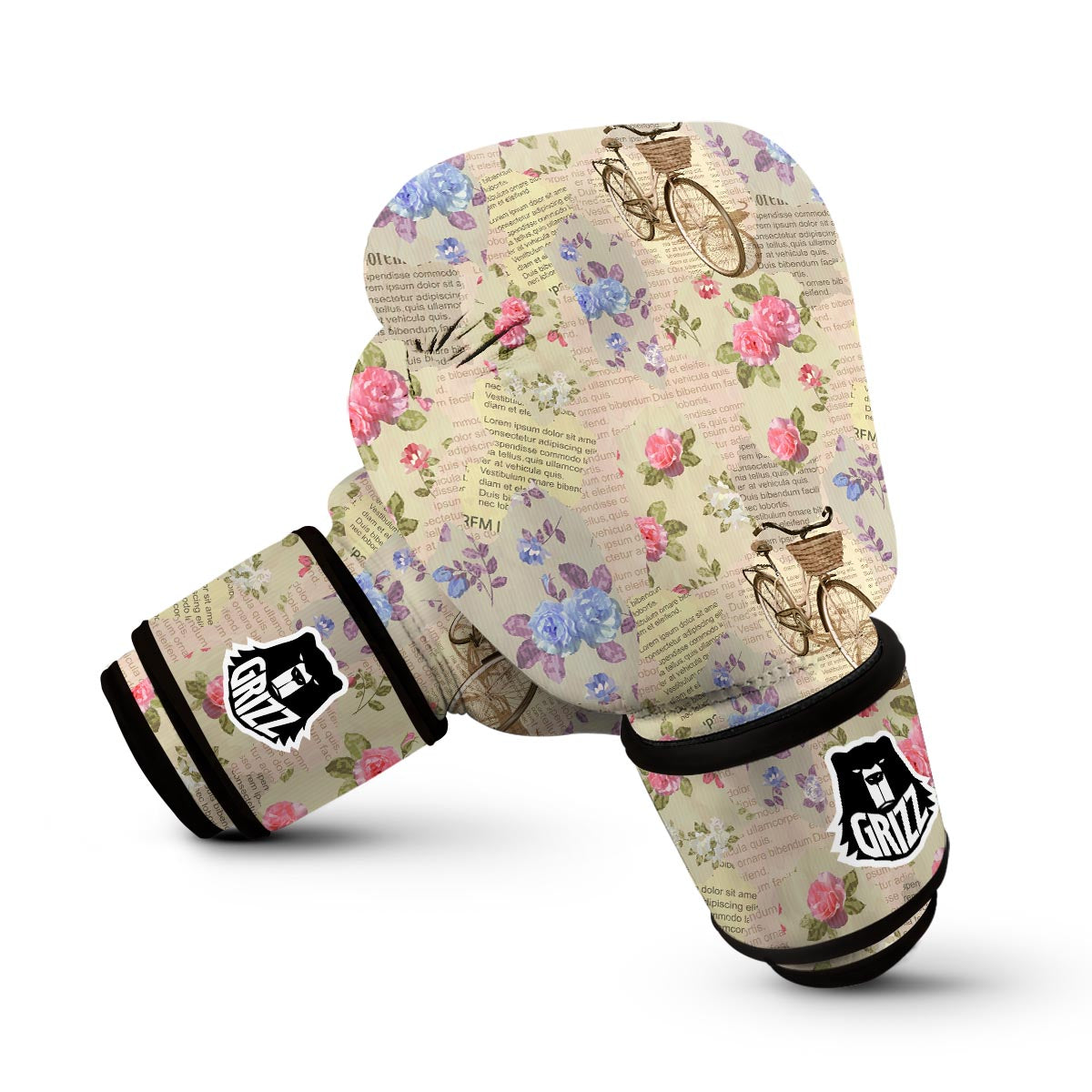 Floral Newspaper Pattern Print Boxing Gloves-grizzshop