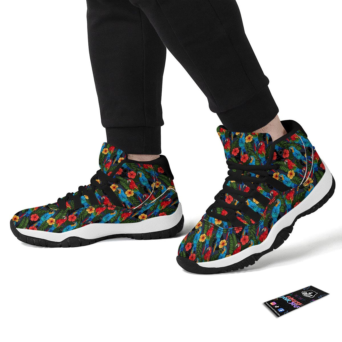 Floral Parrot Bird Pattern Print Black Bball Shoes-grizzshop