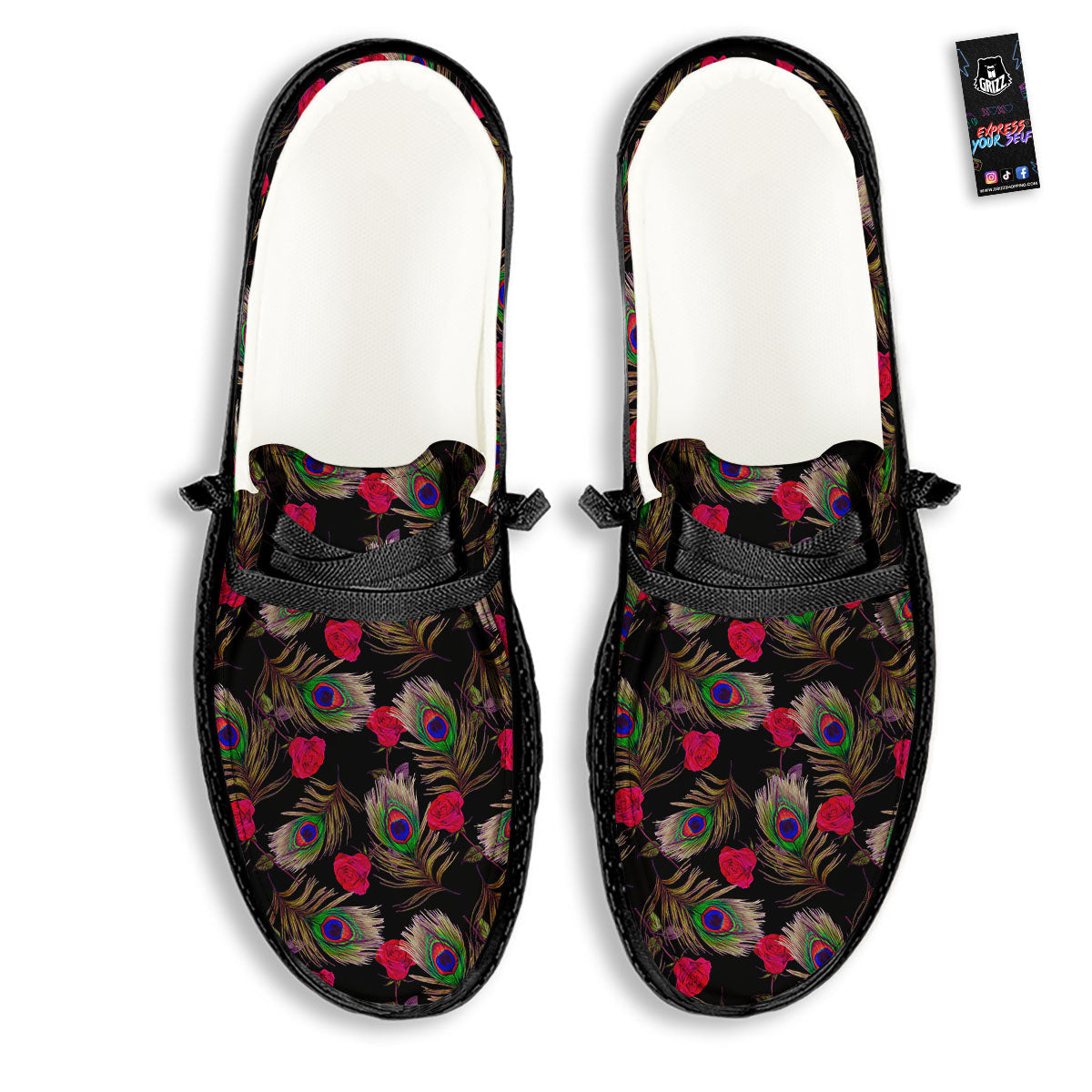 Floral Peacock Feather Print Pattern Black Loafers-grizzshop