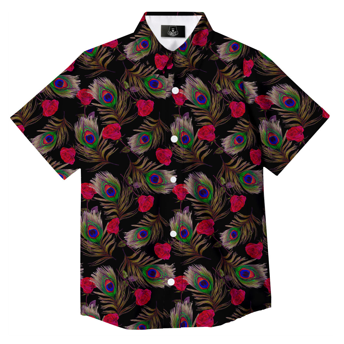 Floral Peacock Feather Print Pattern Button Up Shirt-grizzshop