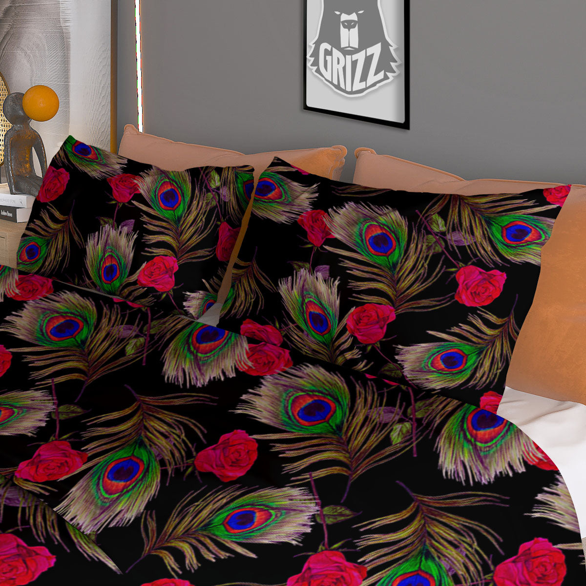 Floral Peacock Feather Print Pattern Duvet Cover Bedding Set