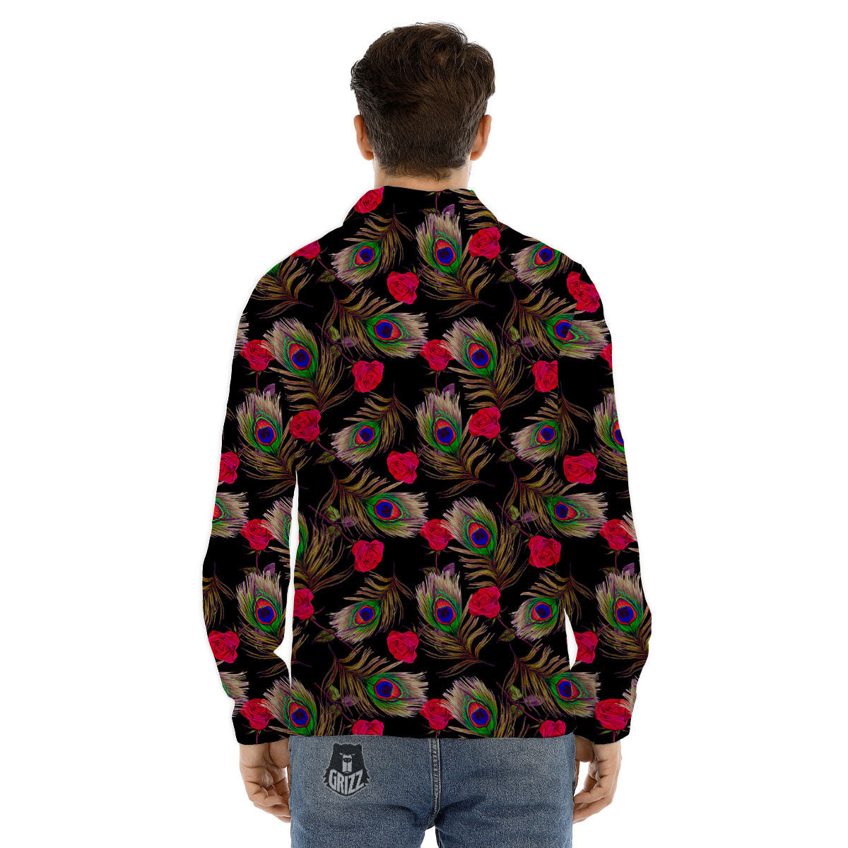 Floral Peacock Feather Print Pattern Men's Dress Shirts-grizzshop
