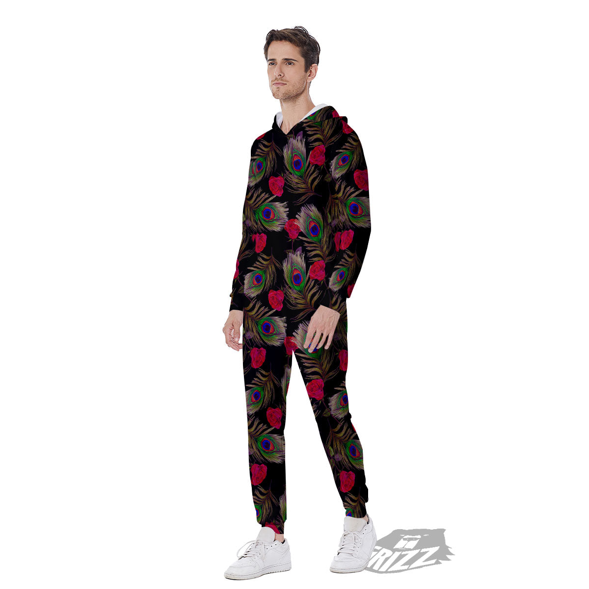 Floral Peacock Feather Print Pattern Men's Jumpsuit-grizzshop