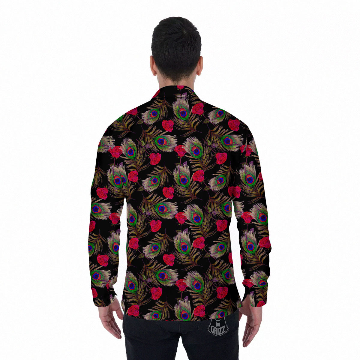 Floral Peacock Feather Print Pattern Men's Long Sleeve Shirts-grizzshop