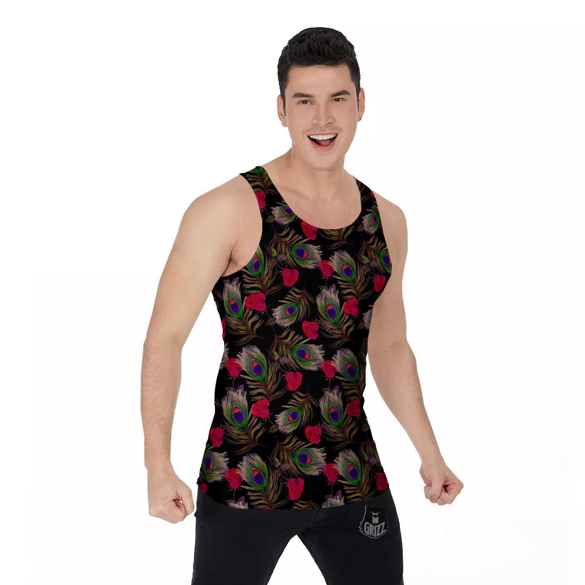 Floral Peacock Feather Print Pattern Men's Tank Top-grizzshop
