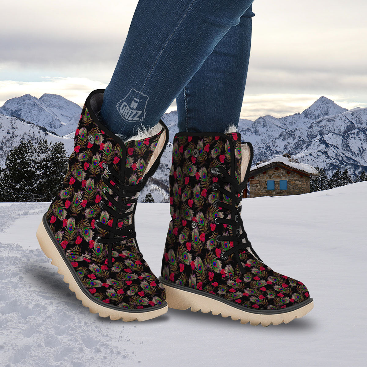 Floral Peacock Feather Print Pattern Snow Boots-grizzshop