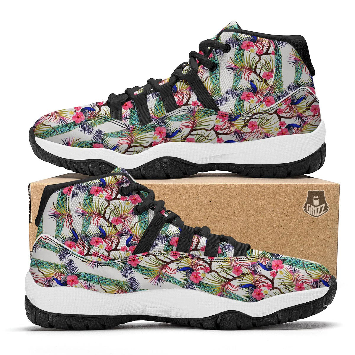 Floral Peacock Print Black Bball Shoes-grizzshop