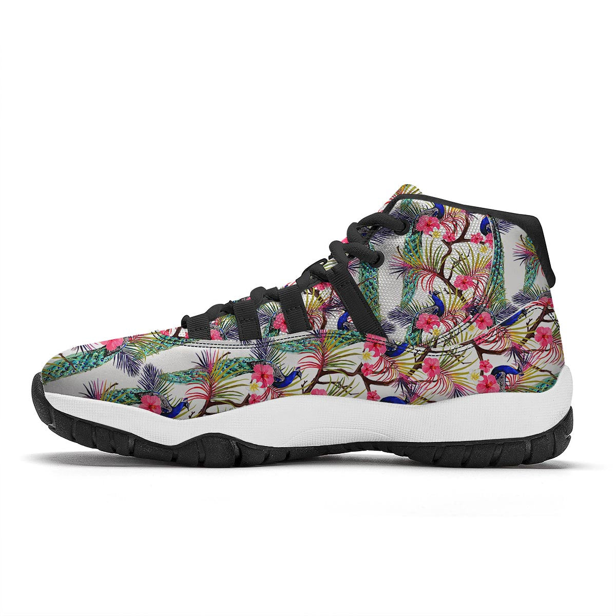 Floral Peacock Print Black Bball Shoes-grizzshop