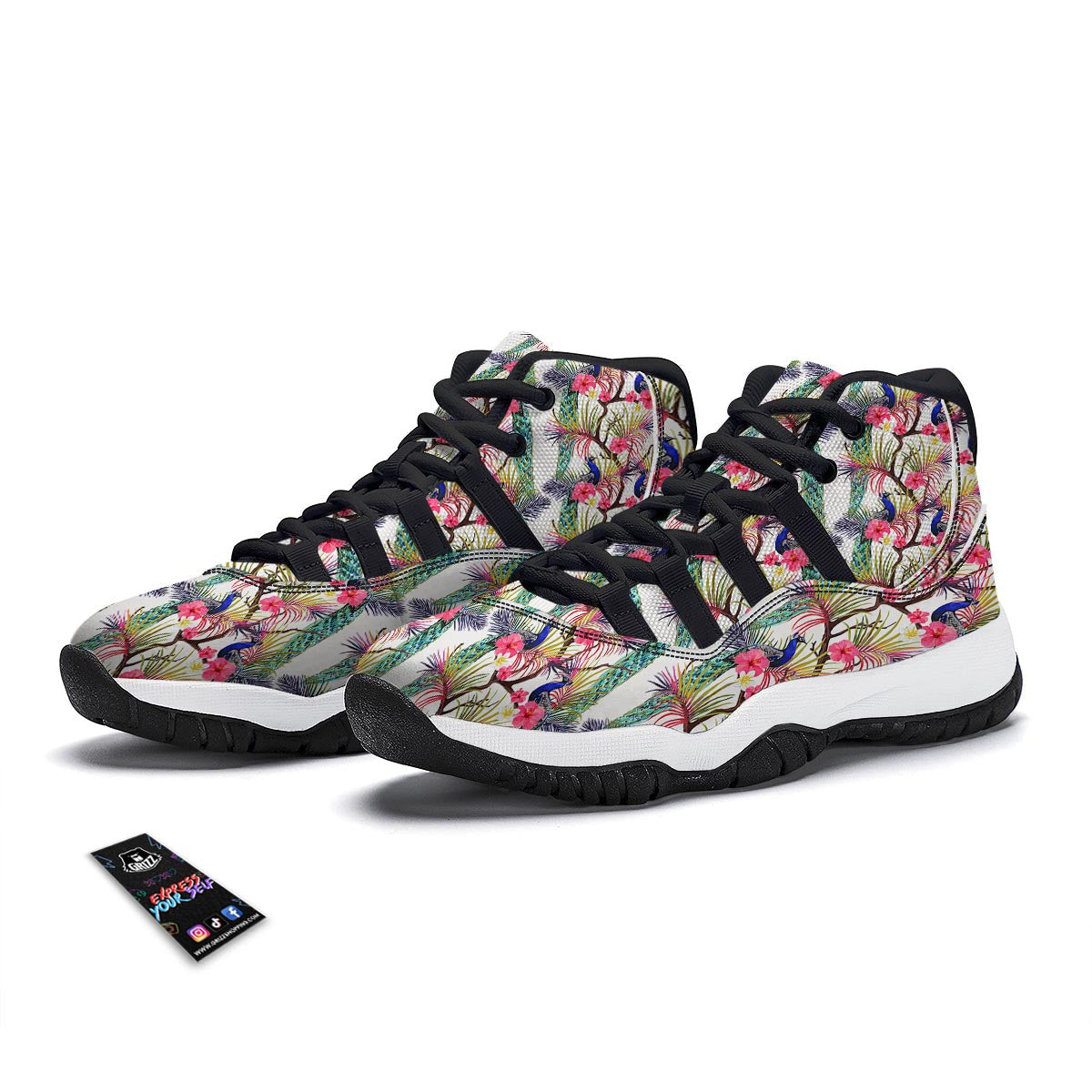 Floral Peacock Print Black Bball Shoes-grizzshop