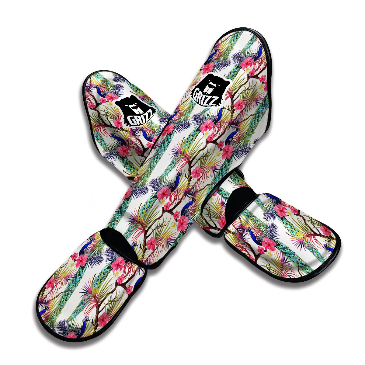 Floral Peacock Print Muay Thai Shin Guards-grizzshop